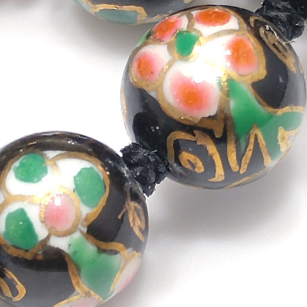 Vintage Black Cloisonné Floral Beaded Necklace, Pink Green Flowers, 1960s